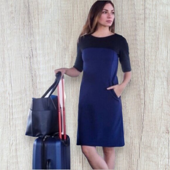 BETABRAND Jet Set Black Blue Colorblock Dress Work 3/4 Sleeve Fitted Dress L - Picture 5 of 6